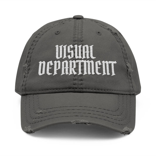 Visual Department Distressed Embroidered Dad Hat — Vintage Gothic Logo Cap
