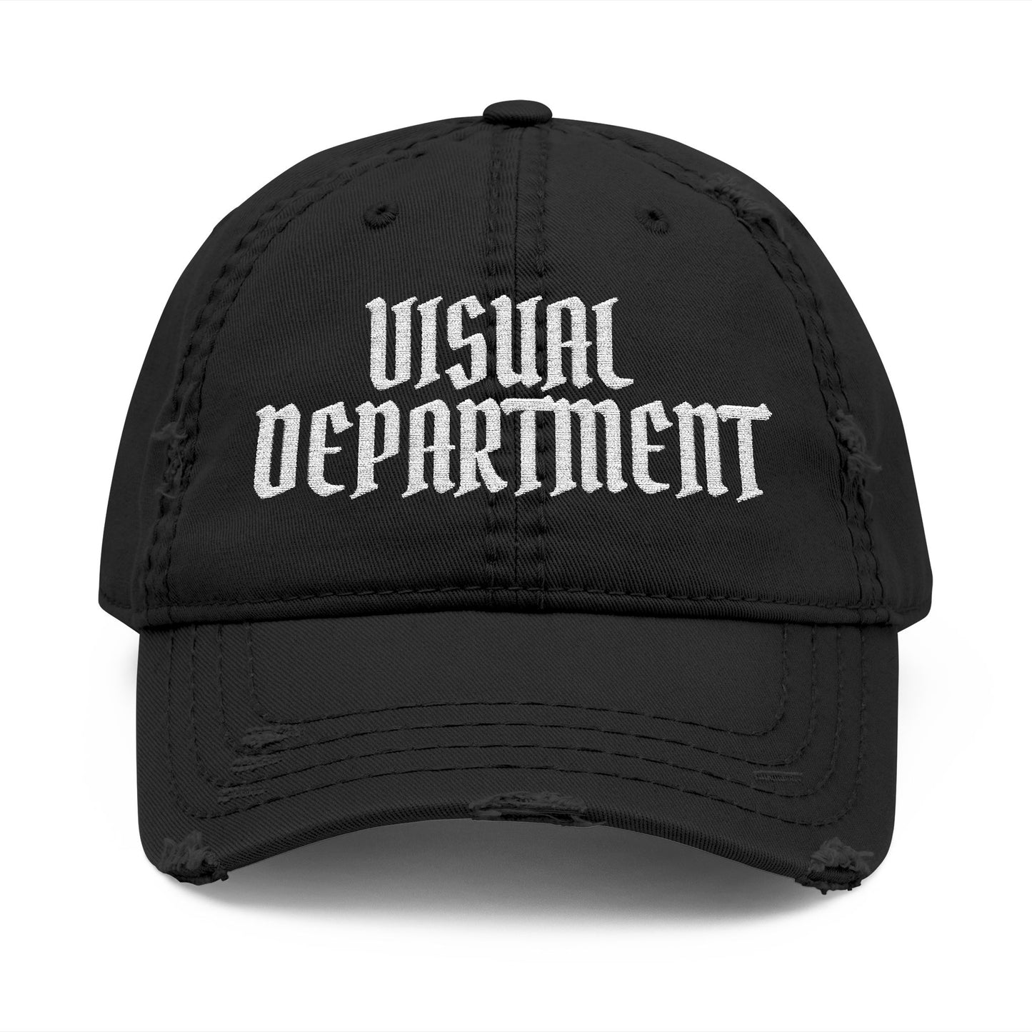 Visual Department Distressed Embroidered Dad Hat — Vintage Gothic Logo Cap